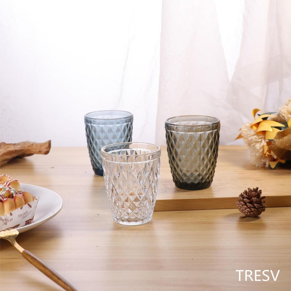 TRESV Set de 6 Vasos de Cristal 250ml | Diseño de Diamante Elegante | Aptos para Lavavajillas | Vidrio Sin Plomo para Agua y Refrescos