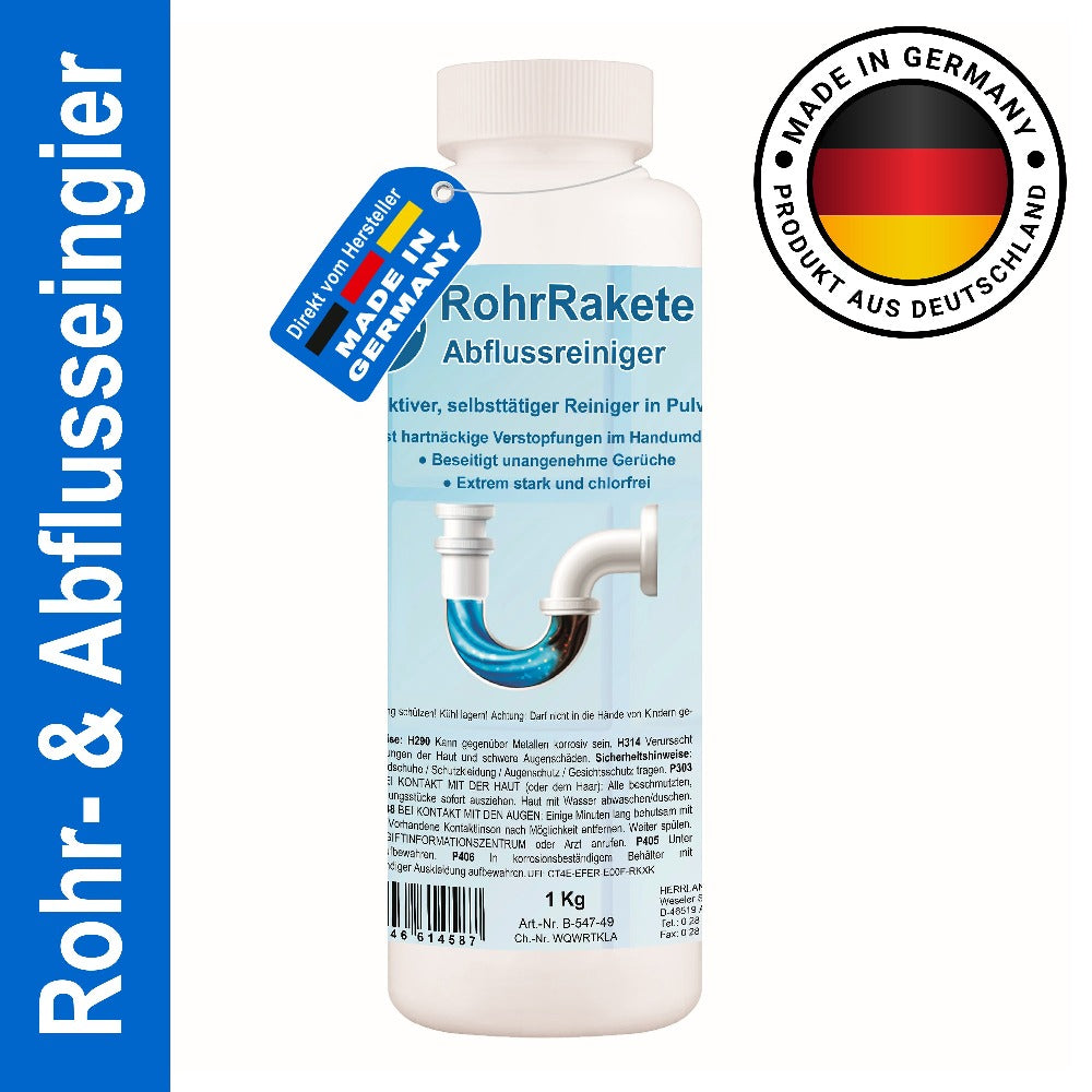 HERRLAN® Limpiador de Tuberías Rocket 1 kg – Granulado Potente para Eliminar Atascos – Limpiador Profesional de Desagües para Cocina, Baño, Inodoro y Ducha – Hecho en Alemania
