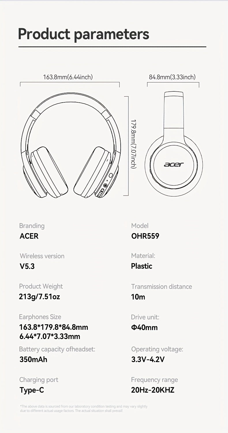 Auriculares Bluetooth | Auriculares inalámbricos supraaurales Acer Ohr559, sonido estéreo de alta fidelidad de baja frecuencia, reducción de