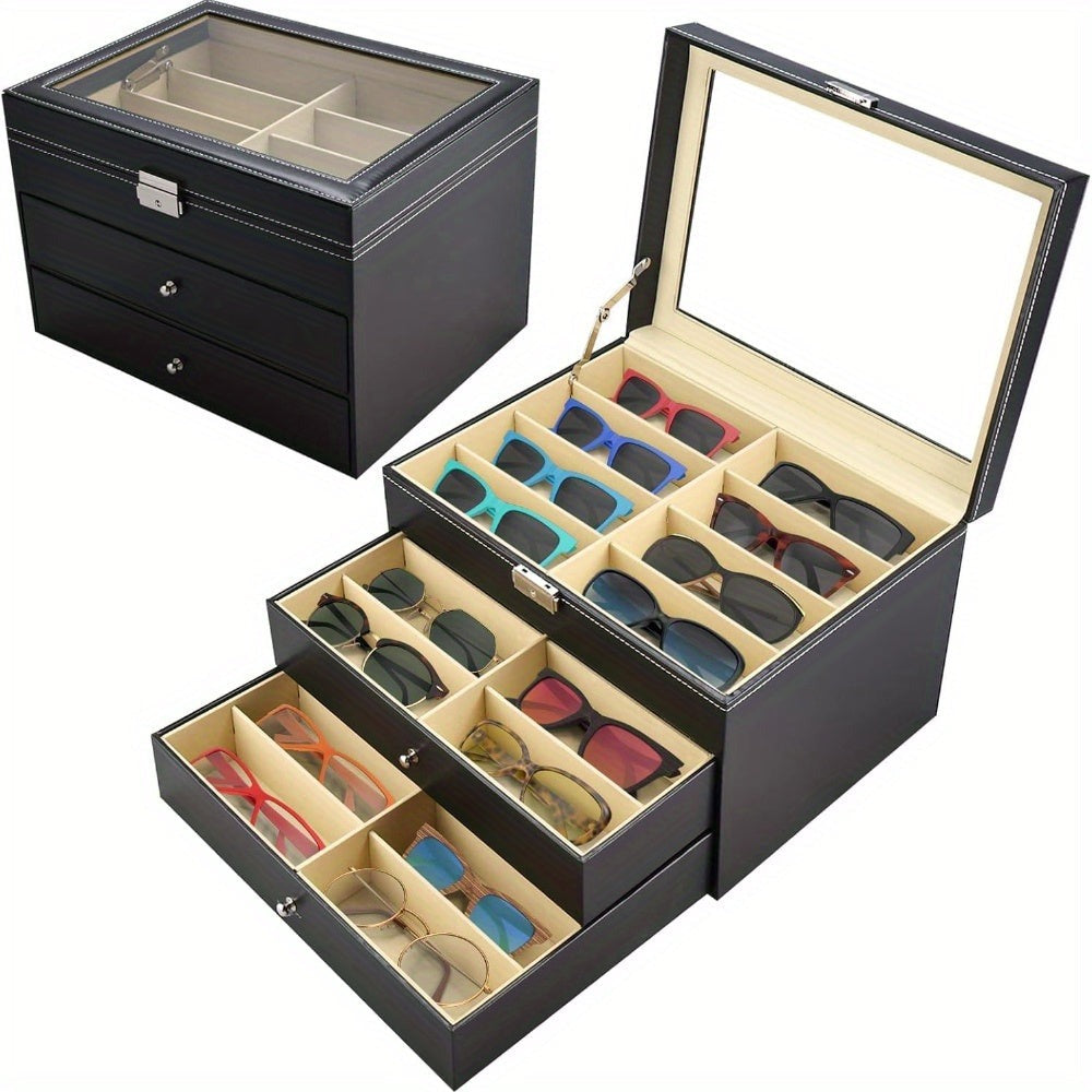 Organizador de gafas de sol, organizador de almacenamiento de gafas de sol, estuche con tapa de cristal para gafas, organizador con cerradura, caja expositora de gafas para mujer y hombre (negro)