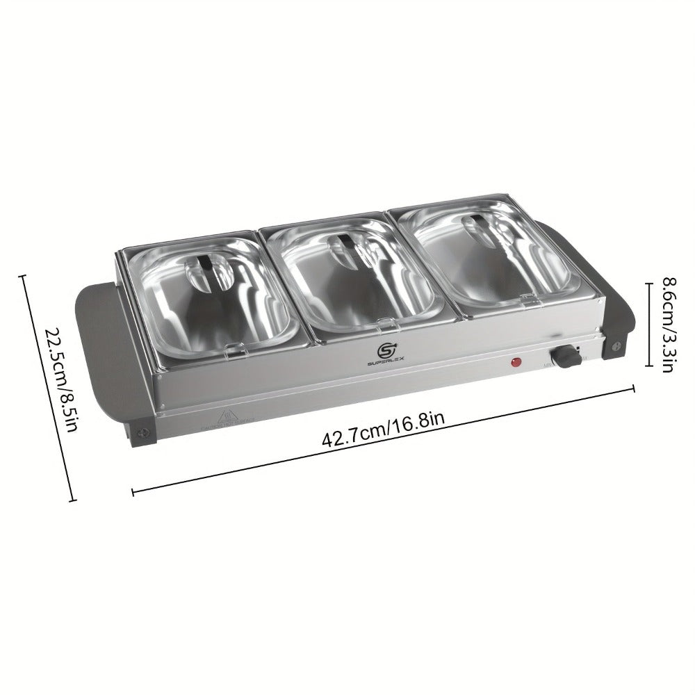 SUPERLEX Servidor Eléctrico de Bufé con Calentador de Comida, que Cuenta con Tres Ollas de 1.5L, un Diseño Espacioso de Acero Inoxidable, una Placa Caliente con Tapas Desmontables, Ajustes de Temperatura Ajustables y un Bandeja de Calentamiento Portátil p