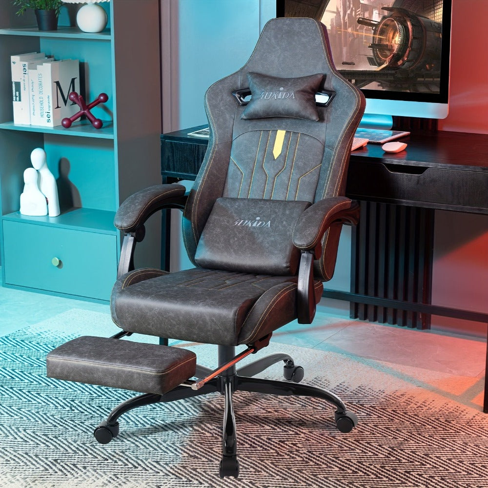 Silla de Juego y Oficina, Silla de Computadora con Reposapiés, Reposacabezas y Soporte Lumbar, Silla Ergonómica, Silla Giratoria y Ajustable en Altura, Opciones en Gris, Beige, , Marrón y Verde