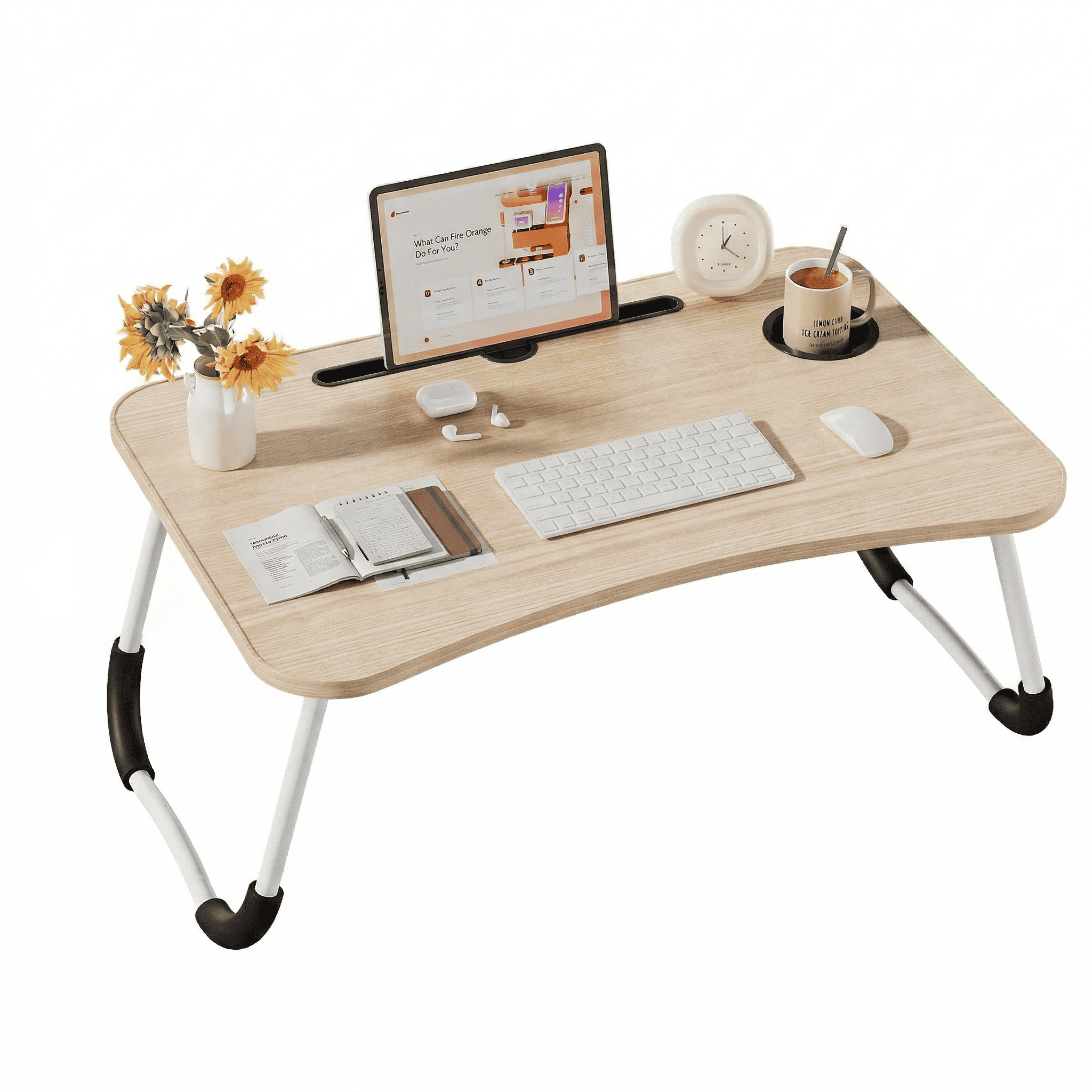 Mesa plegable multifunción para cama y sofá con portavasos, 60×40×28 cm, mesa auxiliar con atril para leer en la cama, bandeja multifunción para ordenador, libros, trabajo y estudio en casa (con cajón / sin cajón)