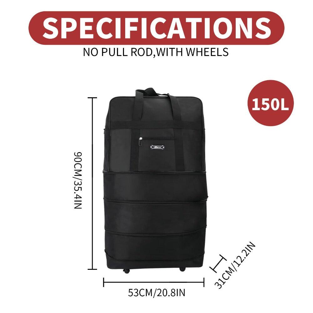 Bolsa de viaje de tela duradera diseñada para flexibilidad con espacio expandible. Viene con ruedas suaves y asas reforzadas para un transporte versátil. Incluye un práctico bolsillo frontal. Disponible en 3 tamaños, perfecta para todas tus necesidades de