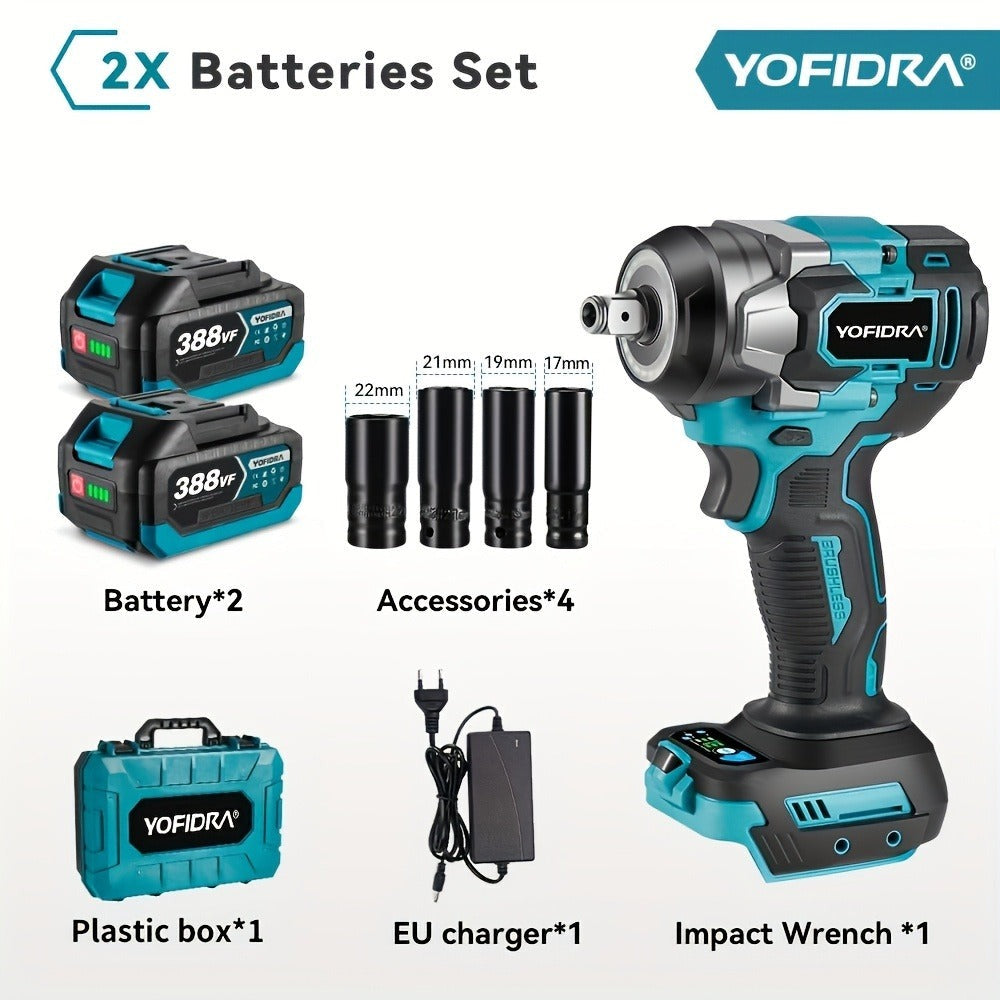 Llave de impacto eléctrica sin escobillas de 1000 N.m, juego de destornillador taladro inalámbrico de 1/2 pulgada, herramientas eléctricas para instalación automotriz y de muebles, compatible con baterías YOFIDRA
