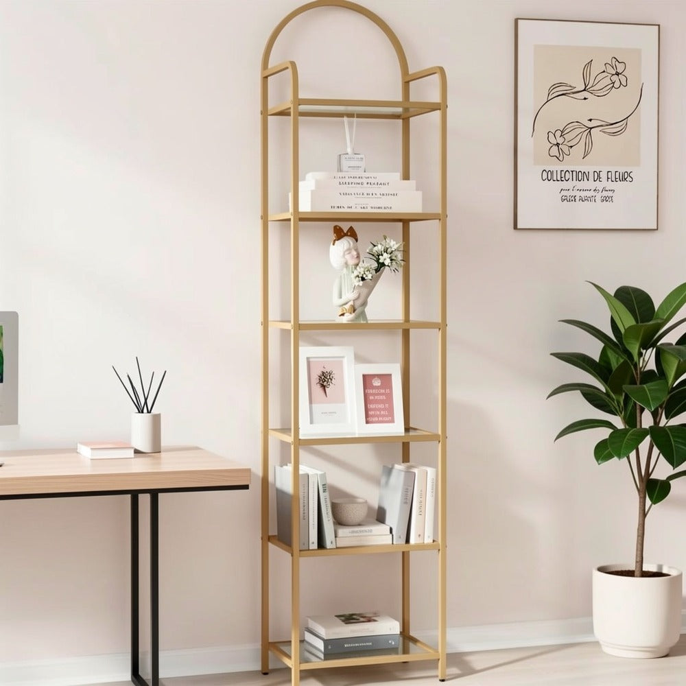 Estantería, Librero de Vidrio Templado, Unidad de Estantería Delgada para Dormitorio, Baño, Oficina en Casa, Estructura de Acero, 6 Estantes Dorados, Estantes