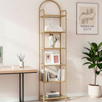 Estantería, Librero de Vidrio Templado, Unidad de Estantería Delgada para Dormitorio, Baño, Oficina en Casa, Estructura de Acero, 6 Estantes Dorados, Estantes