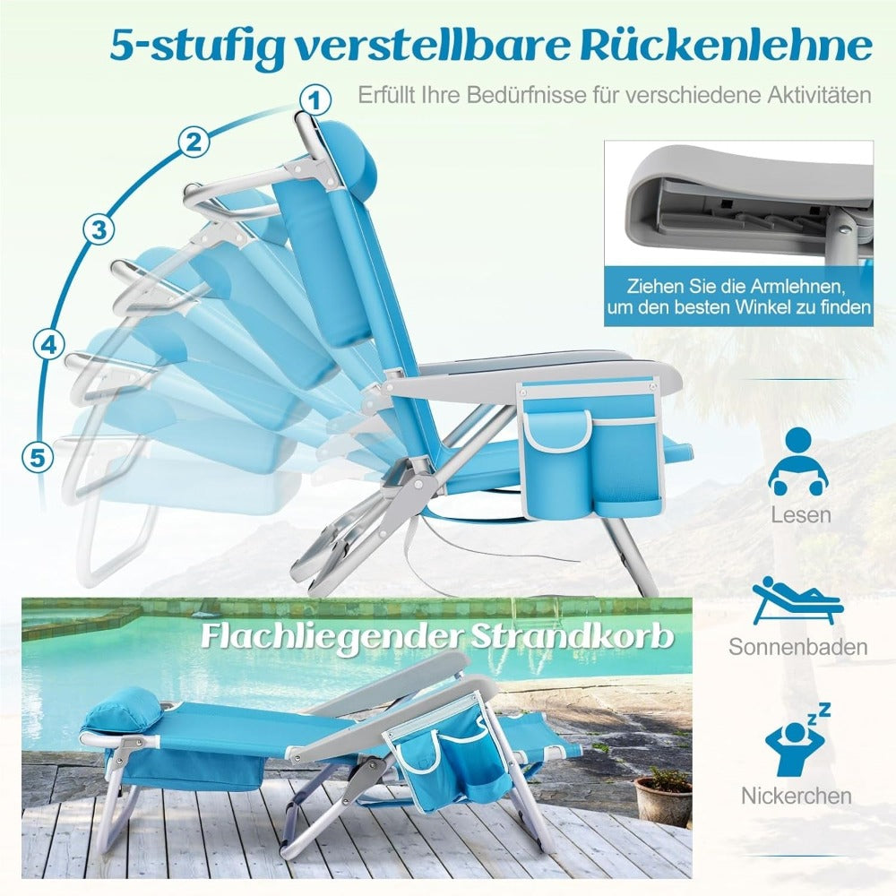 Silla de playa plegable, ligera, silla de camping con respaldo ajustable, reposacabezas, bolsillos laterales, correas para los hombros, soporte para toalla y reposabrazos, silla plegable, silla para exteriores (Azul)