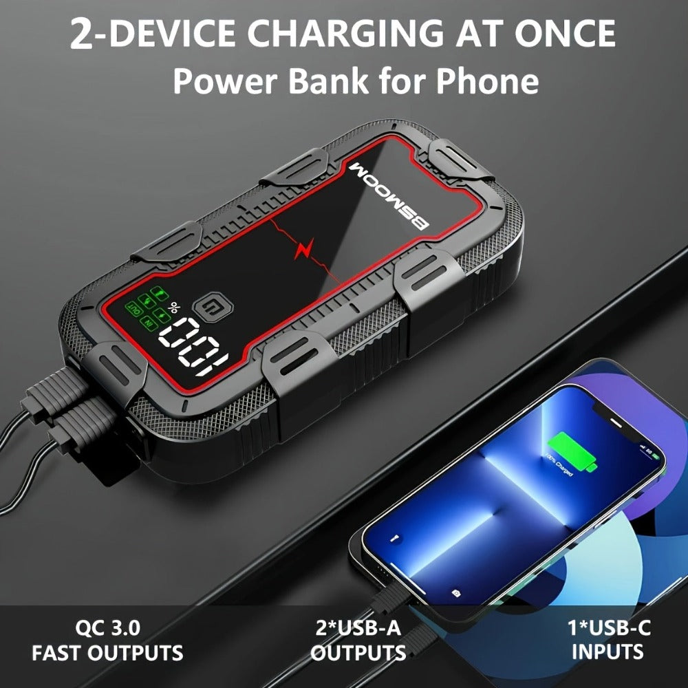 Arrancador de coche de 12V, arrancador de coche portátil, 9500A de pico, potenciador de batería de coche, banco de energía cargador de teléfono móvil, luz LED, pantalla digital LCD (apto para todos los motores de gasolina o diésel de 10.0L)