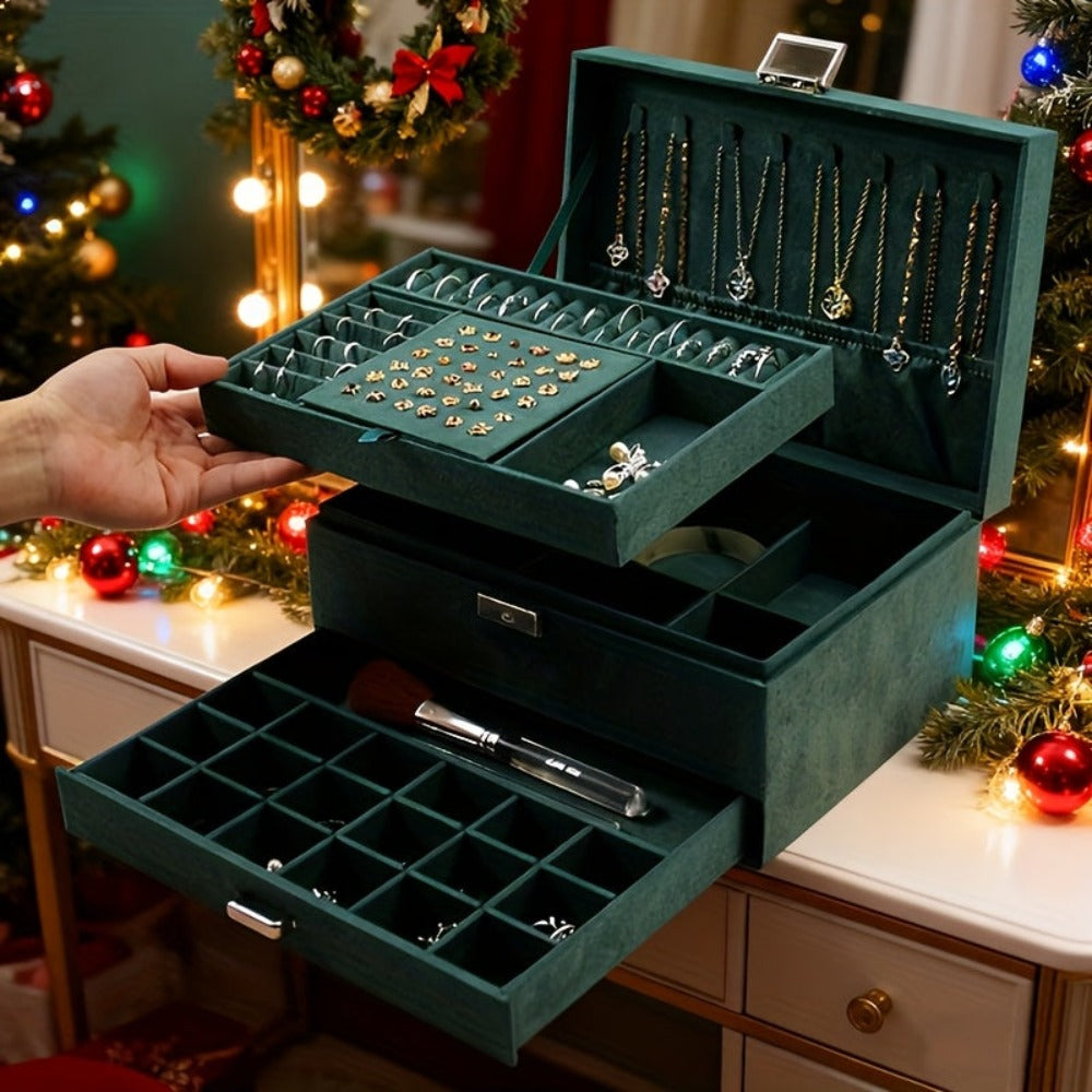 Caja Organizadora de Joyas de 3 Niveles con Cerradura de Llave - Compartimentos Forrados en Terciopelo Suave, Ideal para Aretes, Collares, Pulseras, Anillos - Caja de PU en Tono Pastel, Diseño Retro, Regalo Perfecto para (Navidad, Bodas), Cajas de Joyería