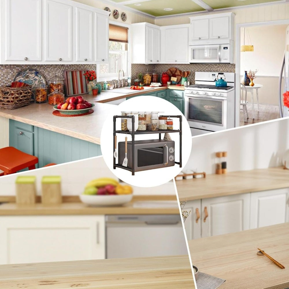 2/3 Niveles Soporte para microondas para encimera, Rejilla Para Horno Microondas Metal, Soporte Para Microondas Y Horno Cocina Con 4/8 Ganchos, Tiendas de condimentos, Adecuado para cocinas (Blanco / Negro)