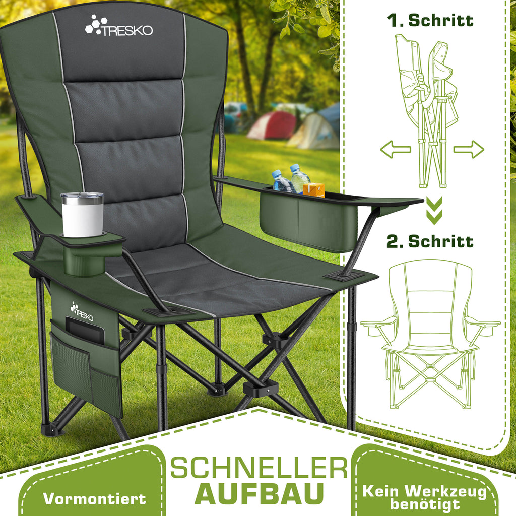 TRESKO® Silla de Camping Plegable hasta 200Kg | Silla Plegable con Bolsa Nevera, Portavasos y Bolsillo Lateral | Silla XXL Plegable Incluye Bolsa de Transporte | Silla de Pesca Acolchada para Exterior, Pesca, Festival y Jardín