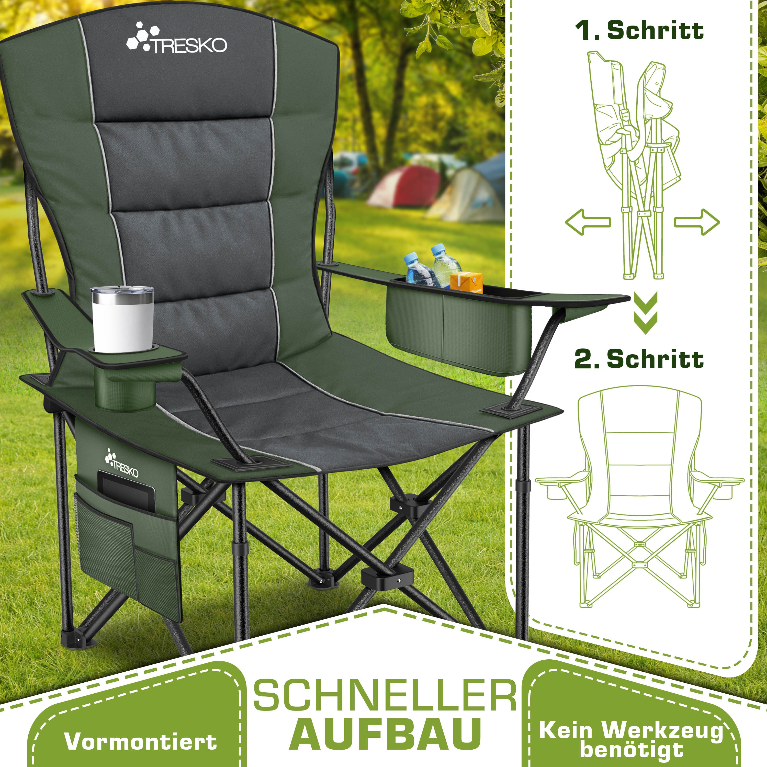 TRESKO® Silla de Camping Plegable hasta 200Kg | Silla Plegable con Bolsa Nevera, Portavasos y Bolsillo Lateral | Silla XXL Plegable Incluye Bolsa de Transporte | Silla de Pesca Acolchada para Exterior, Pesca, Festival y Jardín