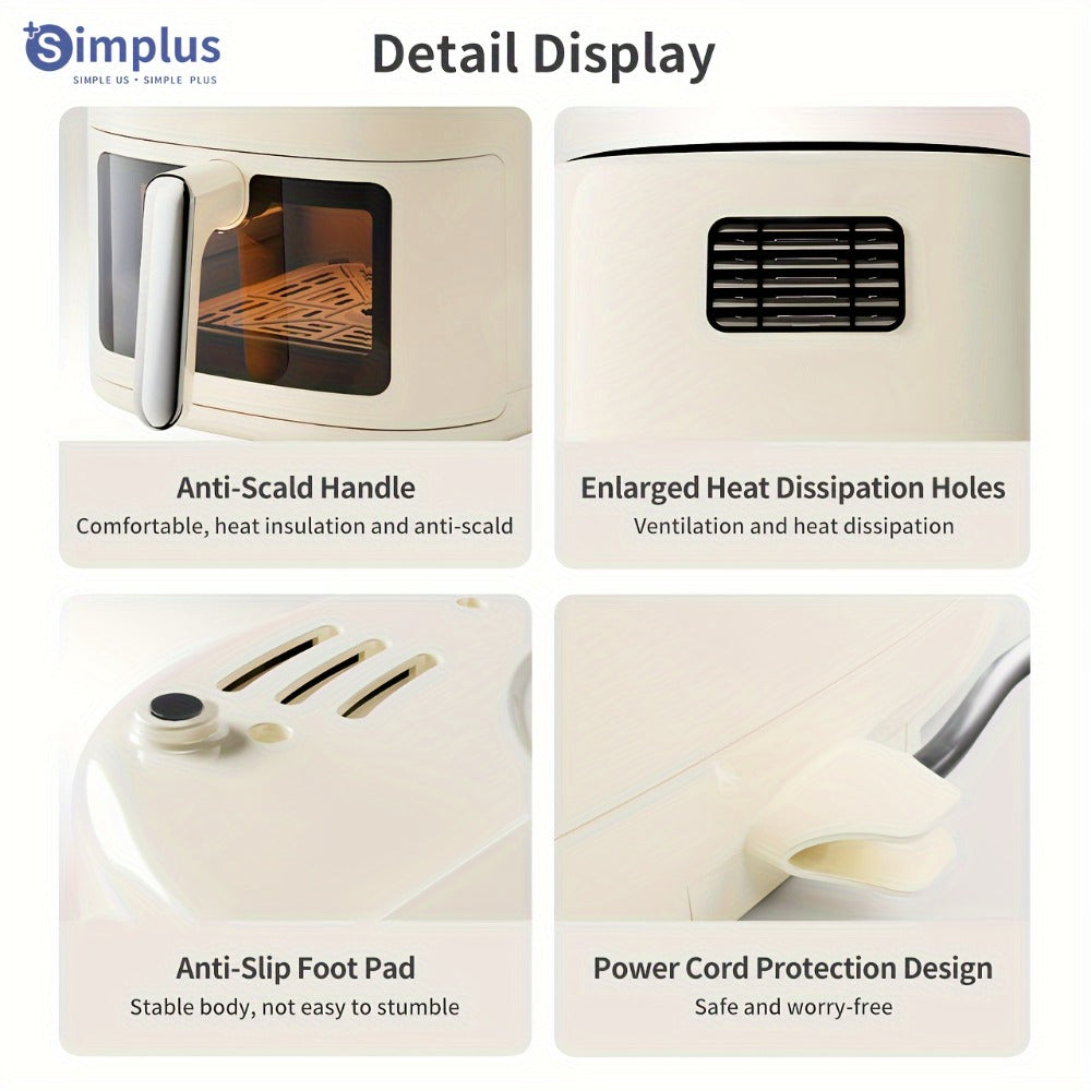 La freidora de aire Simplus tiene una amplia capacidad de 6.5L, adecuada para 5 a 8 personas. Es compacta para un fácil almacenamiento y cuenta con una ventana de cocción visual junto con una pantalla táctil LCD holográfica completa para un uso sencillo.