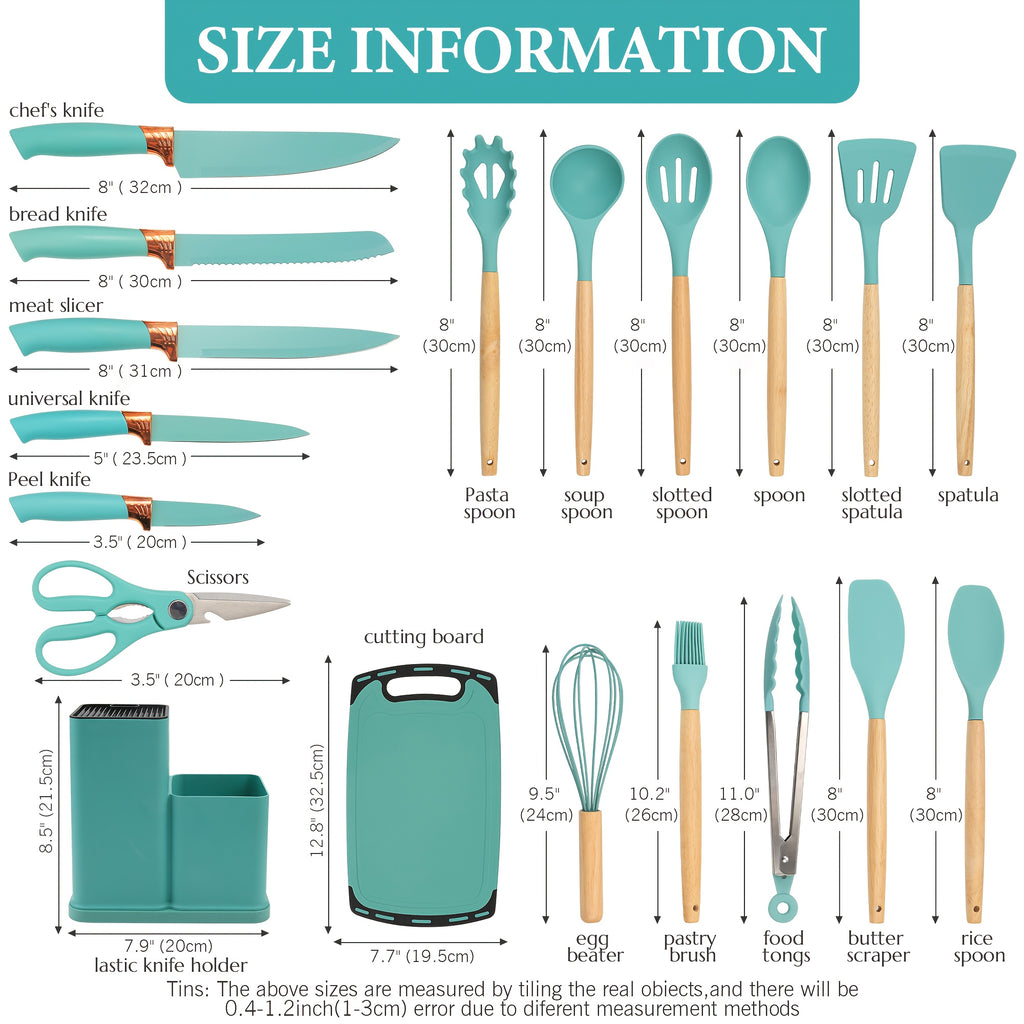 Juego de 19 piezas, Cuchillo de cocina, Juego de cocina, Juego de utensilios de cocina (Con mangos de madera), Juego de cocina de seguridad, Juego de herramientas de cocina antiadherentes, Utensilios de cocina modernos lavables, Utensilios de cocina, Adec