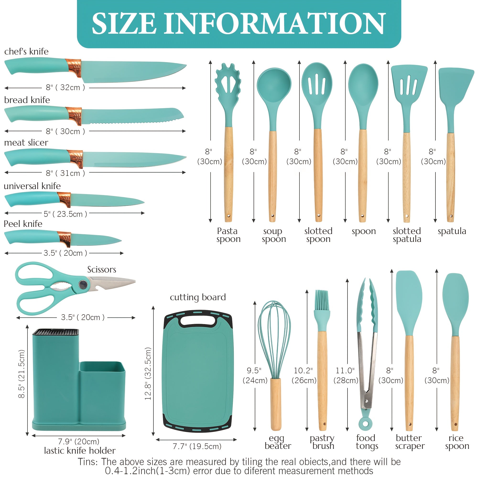 Juego de 19 piezas, Cuchillo de cocina, Juego de cocina, Juego de utensilios de cocina (Con mangos de madera), Juego de cocina de seguridad, Juego de herramientas de cocina antiadherentes, Utensilios de cocina modernos lavables, Utensilios de cocina, Adec