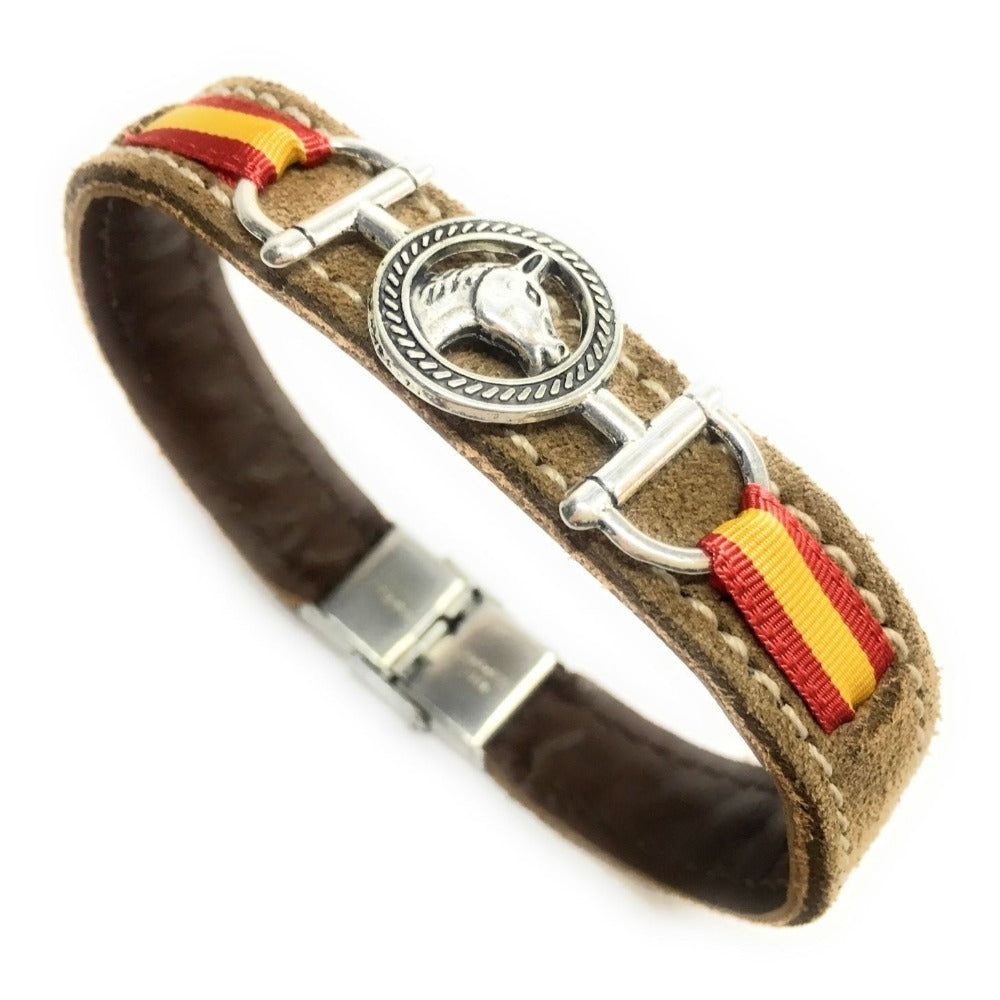 Pulsera De Cuero Figura Estribo y Figura Caballo | Bandera De España | Complementos de Moda Unisex