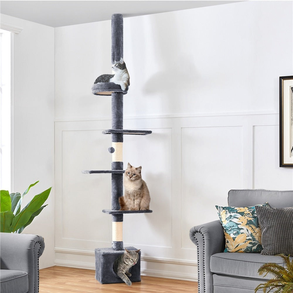 Árbol para gatos Costoffs de techo alto, altura ajustable de 226 cm a 266 cm, poste rascador multinivel con cama para gatos, plataformas y caseta