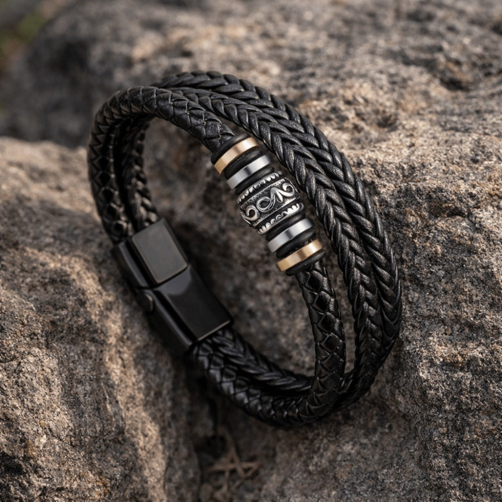 Muñequera de Cuero para Hombre, Brazalete Trenzado Negro con Cierre Magnético de Acero Inoxidable, Regalo para Hombres en el Día de San Valentín, Cumpleaños, 21Cm Adecuado para la Mayoría.