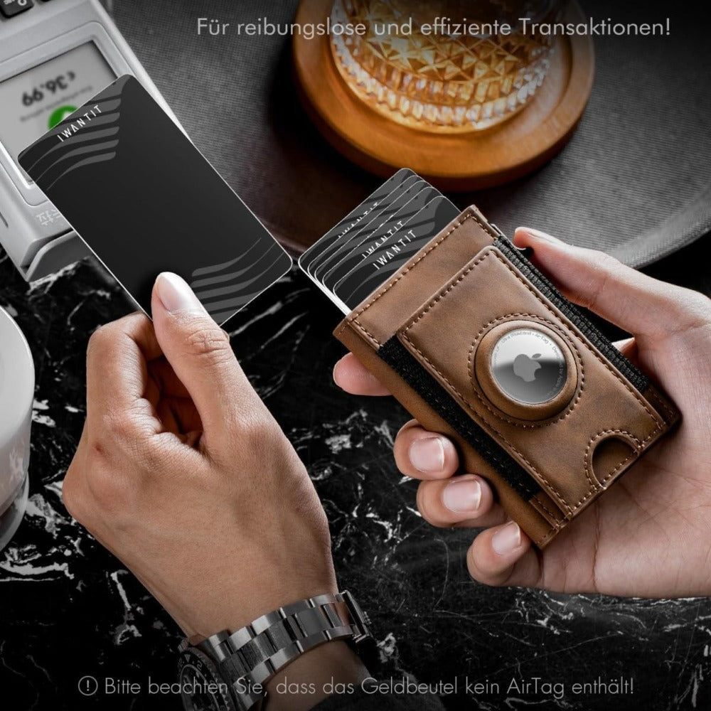 Cartera IWANTIT con Compartimento Grande para Monedas, Cartera para 6-7 Tarjetas, Cartera Delgada para Hombres con Protección RFID, Cartera Inteligente con Apertura Automática, Estuche para Tarjetas con Compartimento para AirTag, Marrón, Minimalista