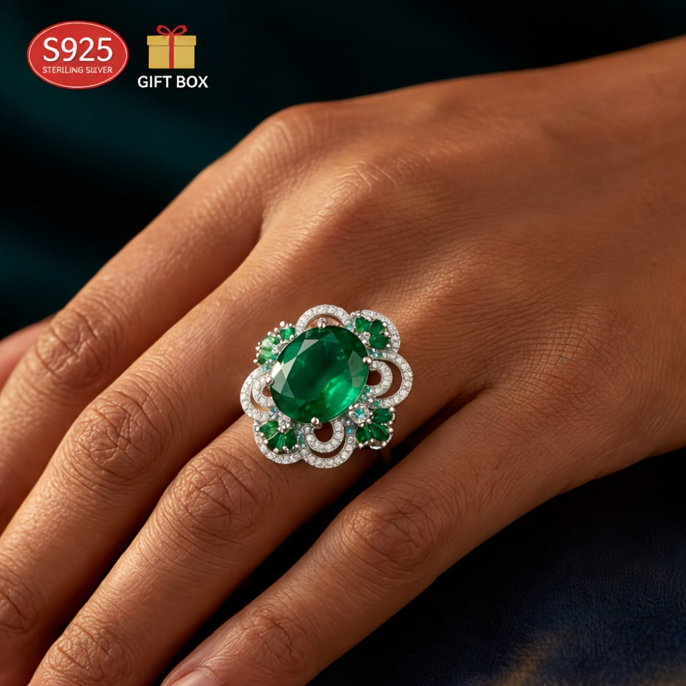 Anillo abierto ajustable para mujer S925, 4 quilates de circonita sintética verde creada en laboratorio, noble y lujoso, adecuado para bodas y banquetes, regalo de San Valentín, con caja de regalo premium