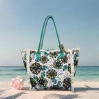 MEJORADA Bolso de Playa Grande con Estampado Colorido y Flecos, Estilo Tote con Forro Interior, Tamaño 55x35x20 cm - Ideal para Playa, Piscina y Viajes