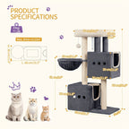 Árbol para Gatos de 98 cm, Árbol Pequeño con Perchas, Múltiples Niveles, Casa para Gatos con 2 Cuevas, Poste Rascador de Sisal y Hamaca