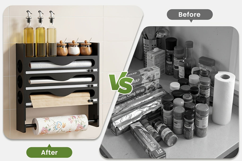 Dispensador de Papel Aluminio con Cortador, Reutilizable, Ahorra Espacio, Ideal para Almacenamiento en Cocina, Adecuado para Bolsas de Plástico, Film Transparente y Papel Aluminio, Montaje en Pared