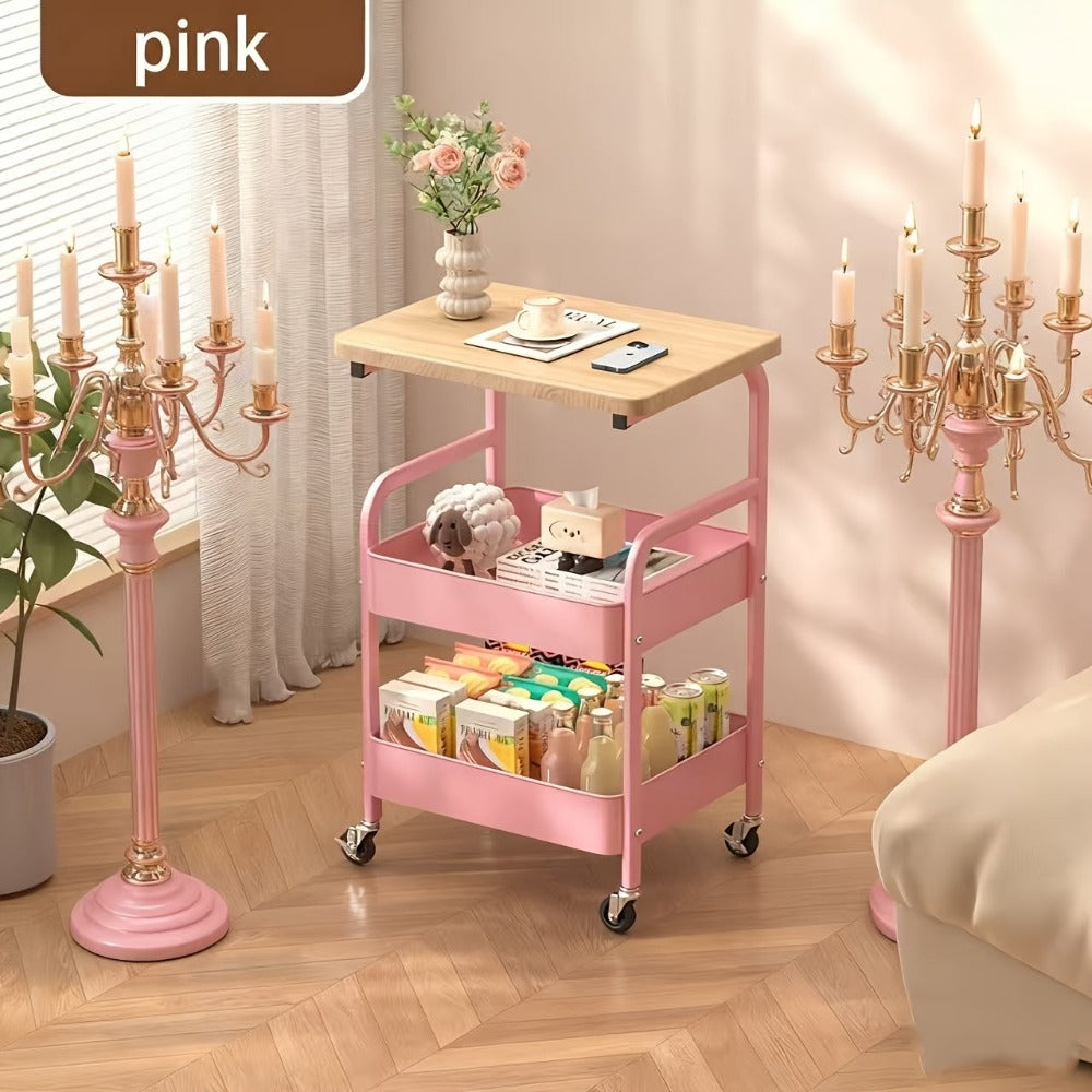 Un estante de almacenamiento con ruedas, estante superior de madera maciza, carrito de cocina, hecho de acero al carbono, resistente y duradero, para almacenar estantes de cocina, con un diseño vertical en capas, adecuado para el almacenamiento en dormito