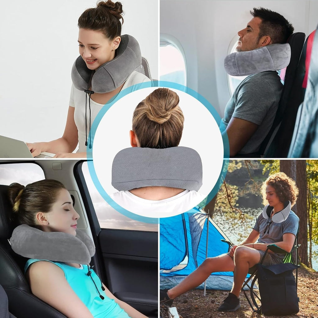 Una Almohada Cervical Ergonómica en Forma de U con Bolsa de Almacenamiento, Espuma de Memoria con Tecnología de Rebote Lento, Funda Lavable a Máquina, Ligera y Portátil para Avión, Oficina y Hogar, Apoya Cuello y Cabeza, Ideal para Siestas, Lectura y Ver