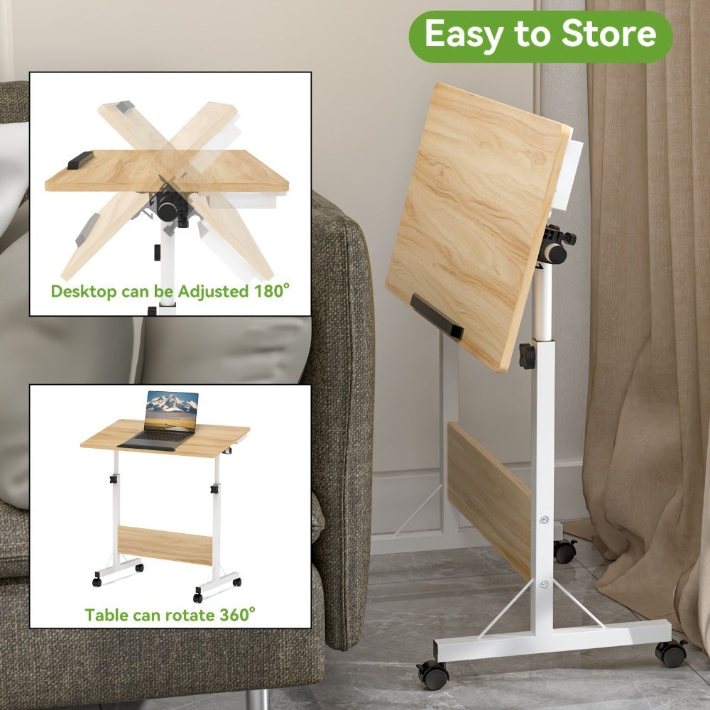 Mesa Rodante de 80X40Cm para Sofá Cama, Mesa Auxiliar Móvil Ajustable en Altura de 64-89Cm, Escritorio Plegable de 4 Ruedas con Bloqueo, Mesa Auxiliar para Sofá, Dormitorio