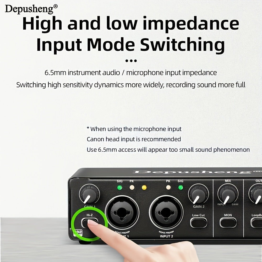Interfaz de audio profesional Depusheng, tarjeta de sonido, 24 bits/192 kHz, XLR y alimentación fantasma, para guitarra eléctrica, PC/streaming/Win, alimentación por USB