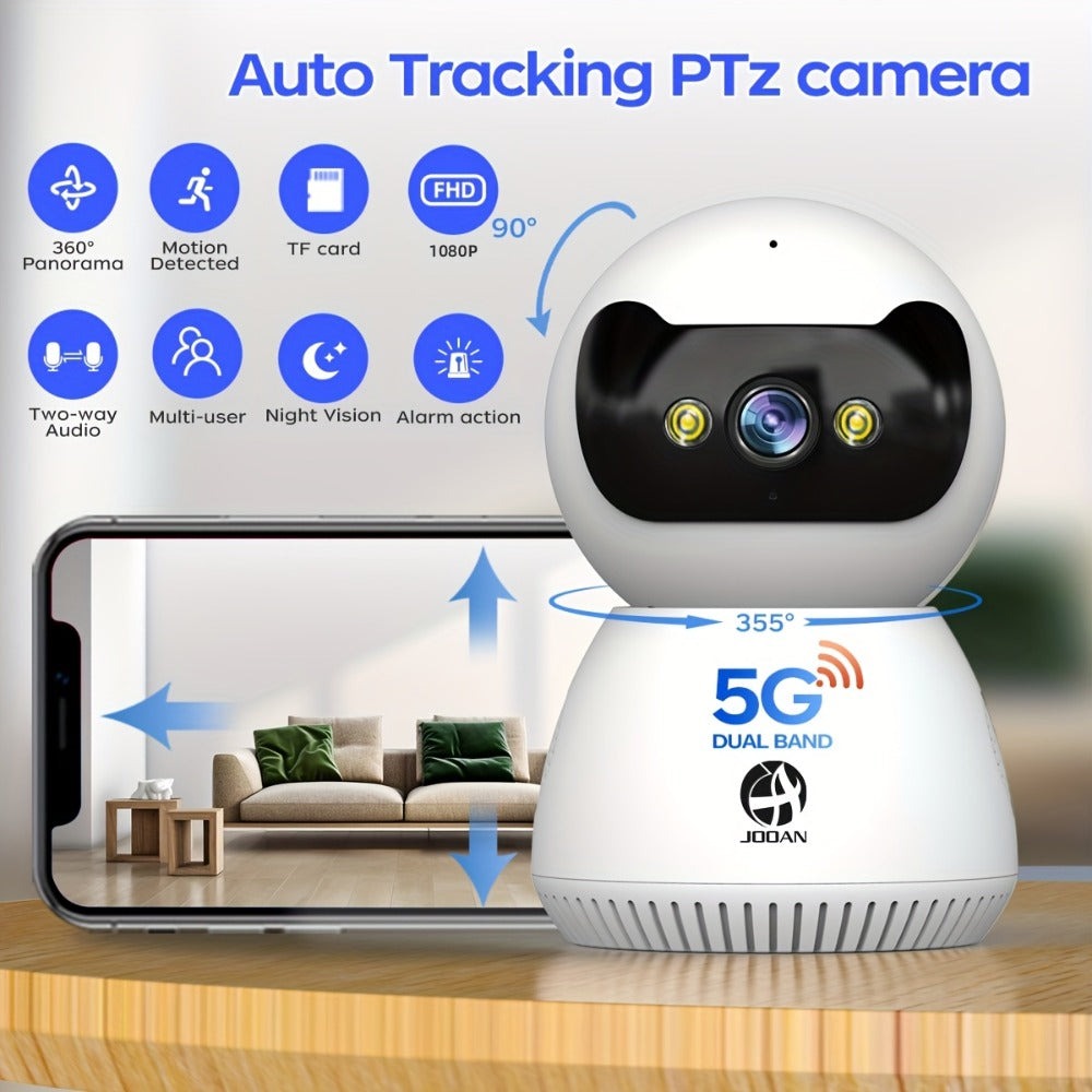 Cámara de seguridad 1080P con Wi-Fi de doble banda 2.4G/5G: Modelo PTZ giratorio de 355° para interior, acceso remoto mediante aplicación, con audio bidireccional, visión nocturna a color, detección de movimiento, alimentación por USB, para monitoreo del