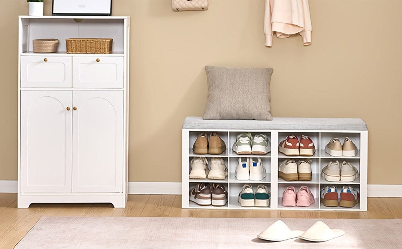 Banco para Zapatos, Estante con Asiento, Banco con Almacenamiento, Cojín, 12 Compartimentos, para Sala, Pasillo, Dormitorio, Blanco-Gris
