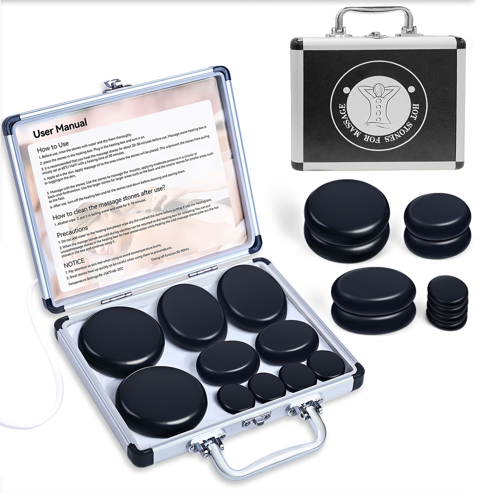 Set de Masaje con Piedras Calientes, Herramientas Profesionales de Masaje Spa, para Cuello, Espalda, Piernas, Pies, Masaje de Cuerpo Completo, Set de 10/20 Piezas de Piedras Calientes Ajustable de Temperatura de 7 Velocidades