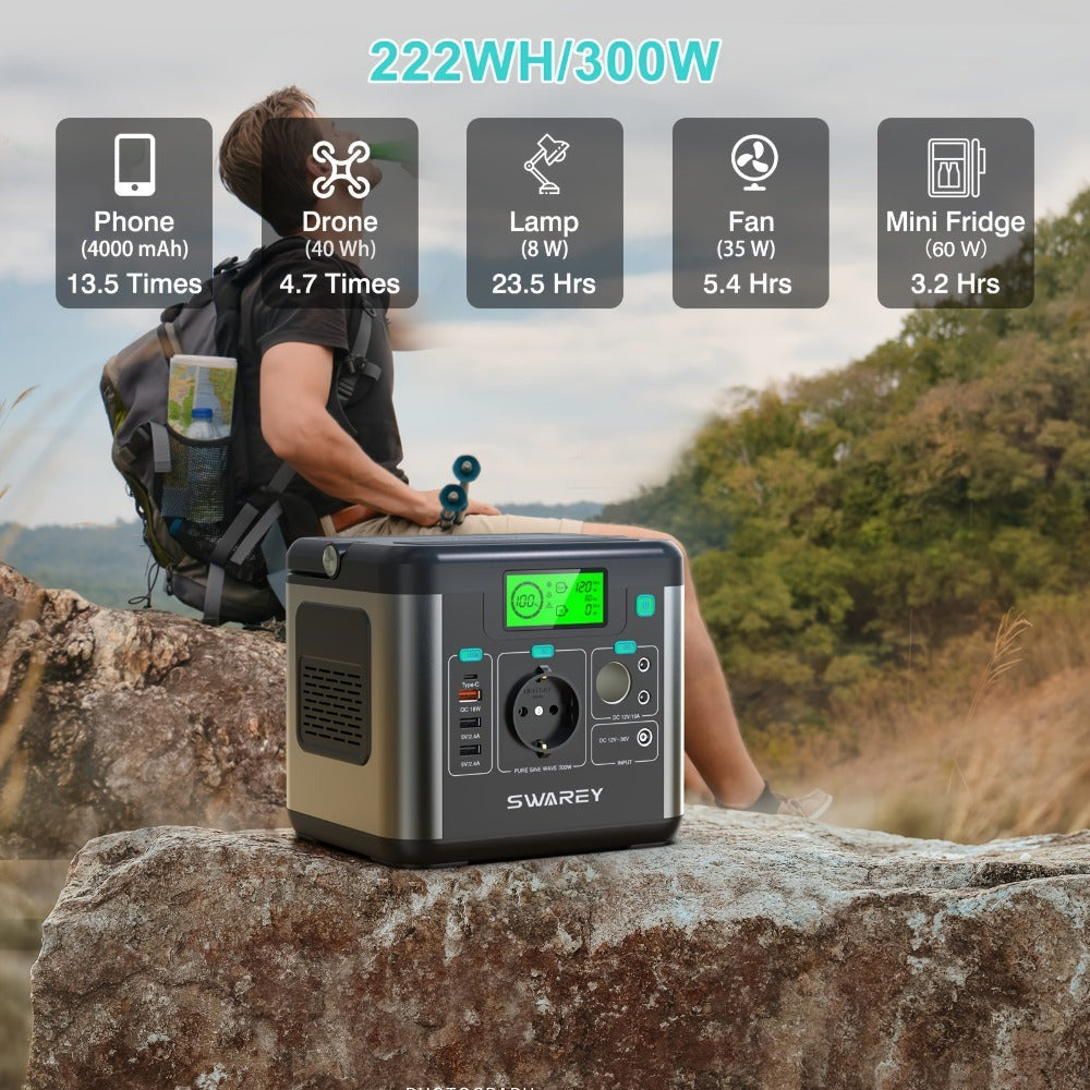 Swarey Batería Portátil Estación de Energía, Generador Solar con Batería de Litio 222Wh, Salida AC 300W, USB-C PD 65W, Generador de Energía para Camping, Viajes, Pesca, RV, Laptop y Smartphone
