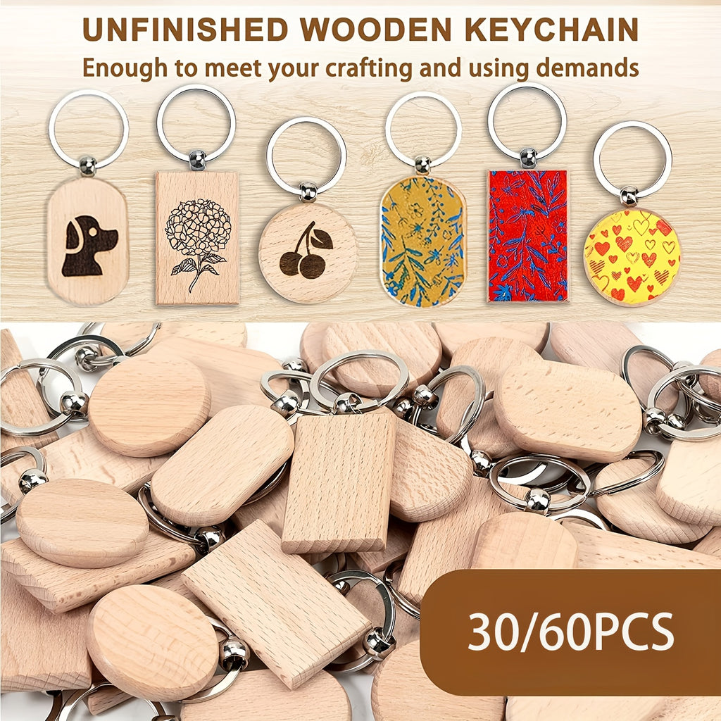 Dofiki Juego de 30/60 Llaveros de Madera, Redondos/Cuadrados/Ovalados, Grabados con Láser, Adecuados para Regalos Hechos a Mano de Bricolaje, Varios Llaveros y Etiquetas para Llaves