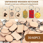 Dofiki Juego de 30/60 Llaveros de Madera, Redondos/Cuadrados/Ovalados, Grabados con Láser, Adecuados para Regalos Hechos a Mano de Bricolaje, Varios Llaveros y Etiquetas para Llaves
