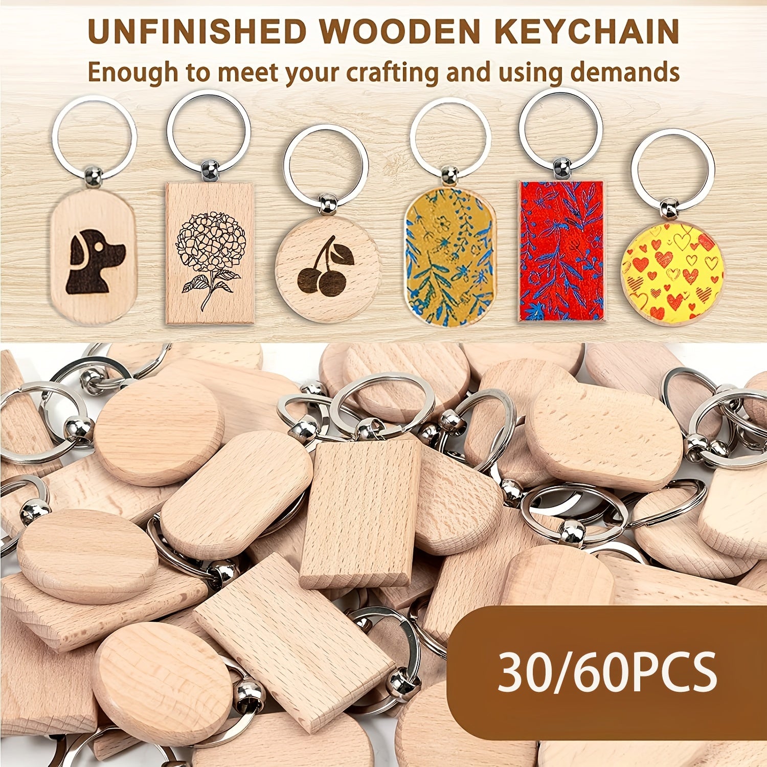 Dofiki Juego de 30/60 Llaveros de Madera, Redondos/Cuadrados/Ovalados, Grabados con Láser, Adecuados para Regalos Hechos a Mano de Bricolaje, Varios Llaveros y Etiquetas para Llaves