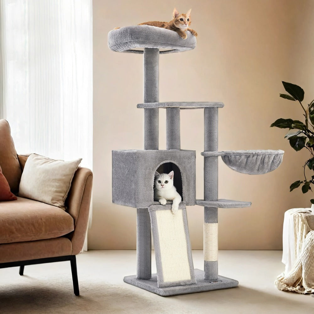 Árbol para Gato de 135 cm, Torre Pequeña con Postes Rascadores, Paraíso de los gatos