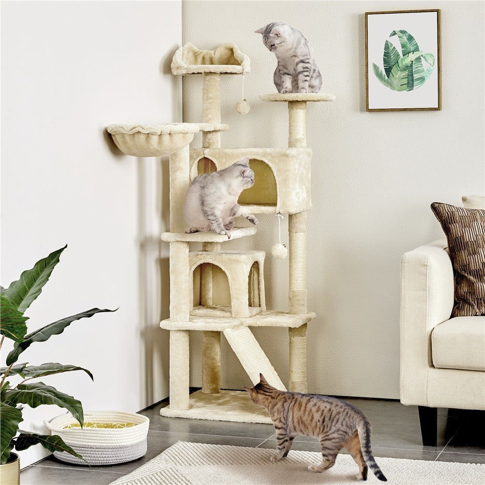 Rascador para gatos Costoffs, de 145 cm de altura, robusto árbol trepador con postes de sisal para rascar, 2 cuevas para gatos y sisal de juego para gatos