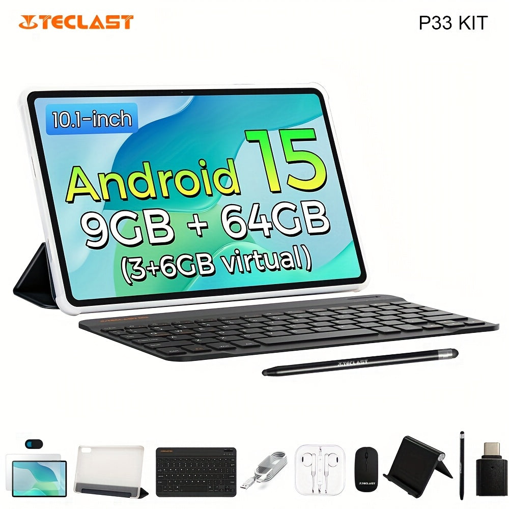 Tabletas Android | Teclast P33 Tablet de 10.1 pulgadas IPS, 9GB (3+6GB Virtual) RAM, 64GB ROM, Android 15, WiFi6, Batería de 6000mAh, Carga