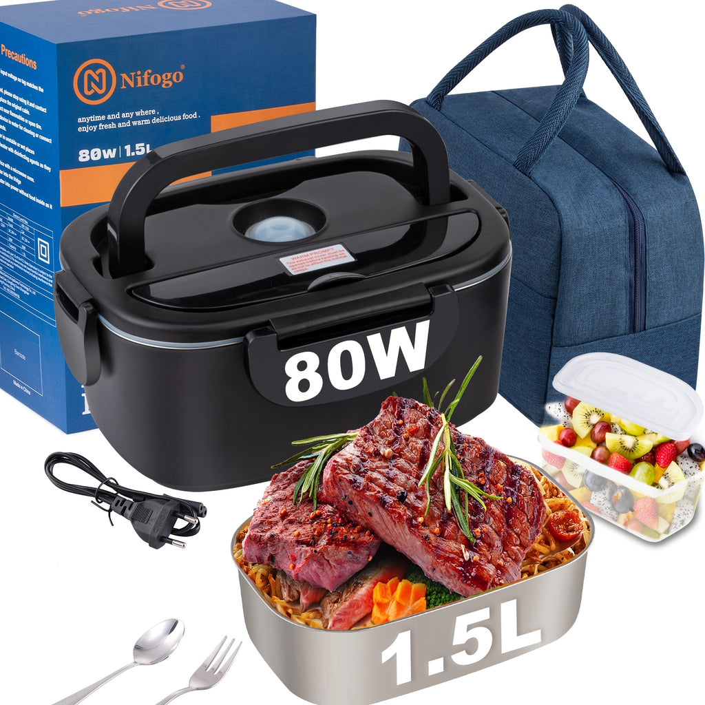 Fiambrera negra con una potencia de 80W, fabricada en acero inoxidable, ideal para empleados de oficina. Incluye un aislante y un juego de utensilios, tiene una capacidad de 1.5 litros y se puede utilizar en camiones y coches para calentar comidas.