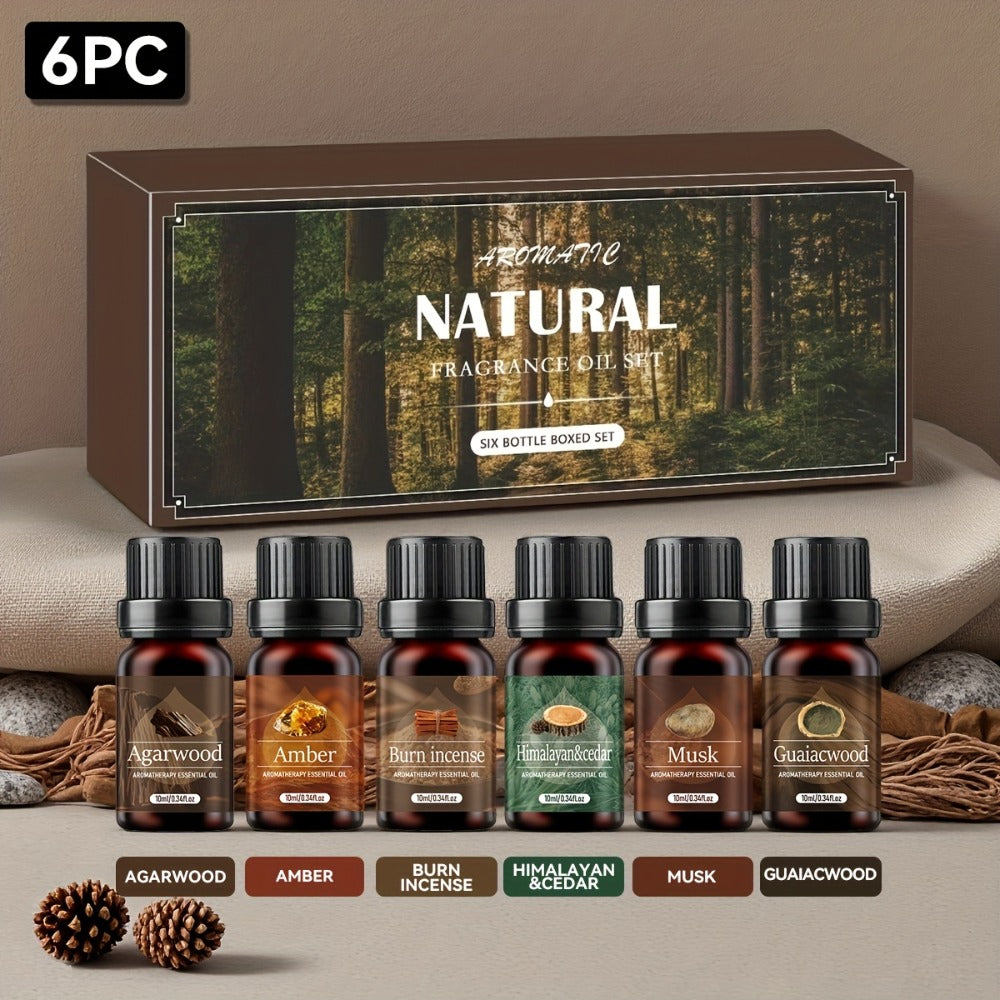 Un set de 6 aceites esenciales perfumados de madera para regalos de Ramadán, regalos de Pascua, que incluye difusor, velas perfumadas, quema incienso, piedras de incienso, humidificador, para coche y recambios de aceites esenciales para el hogar