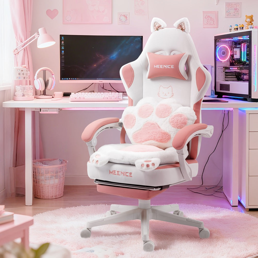 Silla de Oficina Rosa Adorable, Forma de Orejas de Gato con Respaldo de Patas de Gato - Silla Ergonómica Reclinable para Computadora, con Reposapiés Ajustable, Capacidad de Carga de 136.08 KG, Asiento Estético Exclusivo para Adultos, Máxima Comodidad