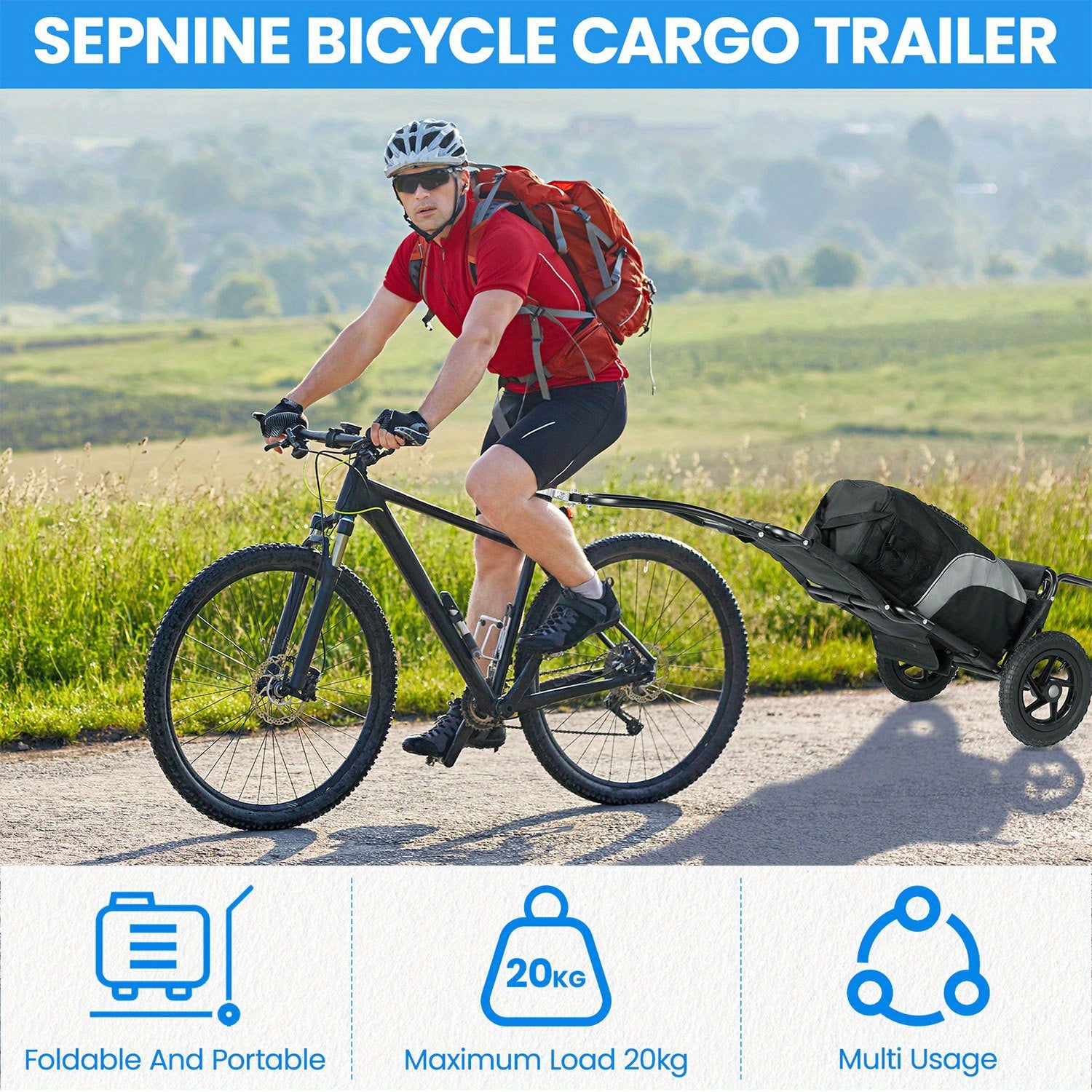 Remolque de carga para bicicleta, remolque 2 en 1 para bicicleta, carrito de compras, carretilla, marco de acero de aleación, ligero y plegable con neumáticos de aire de 30 cm, capacidad de carga de 20 kg