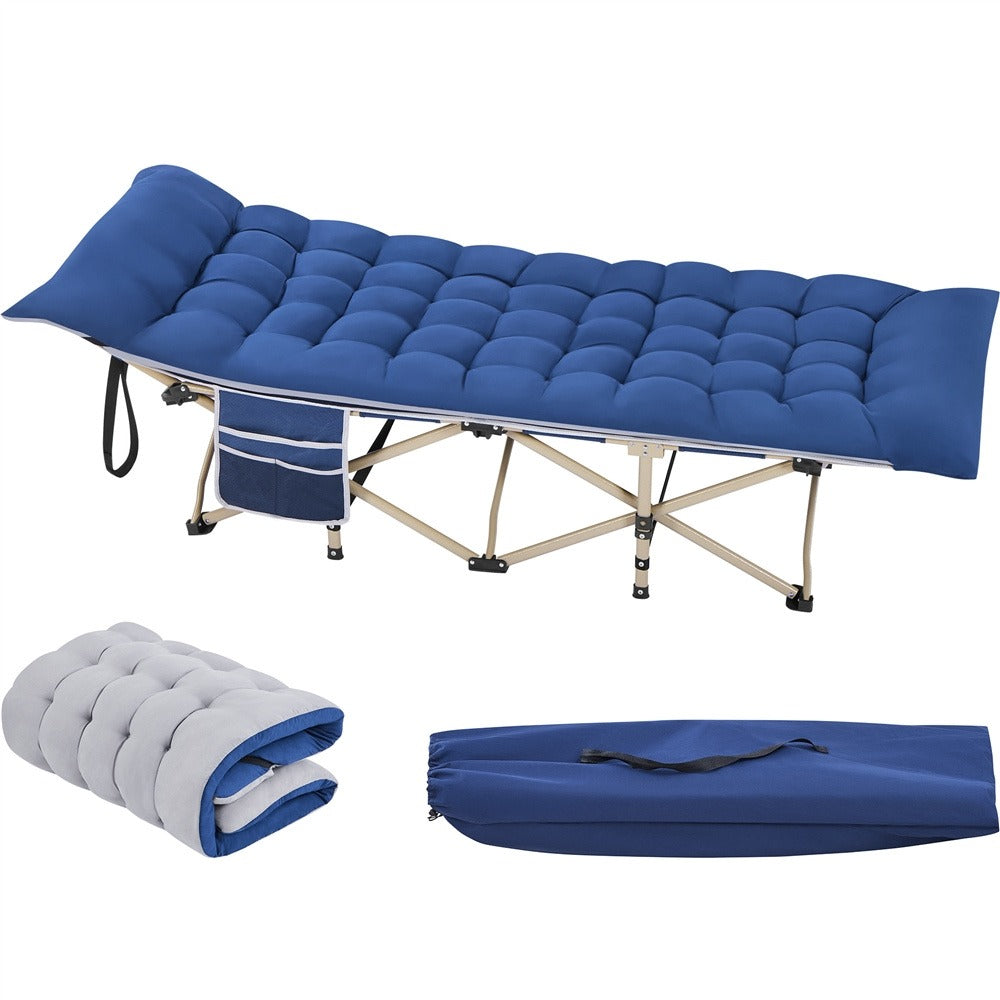 Cama de camping plegable con colchón, tumbona de jardín, cama de invitados con bolsillo lateral y bolsa de transporte para vacaciones en el jardín, oficina, interior y exterior.
