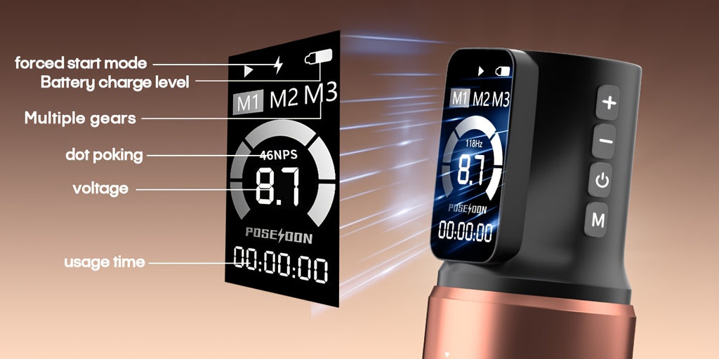Kit de pluma máquina de tatuaje rotativa inalámbrica POSEIDON, motor sin núcleo de trazo ajustable de 2.4-4.2 mm, dos baterías con pantalla digital de 2300 mAh, viene con 10 agujas de tatuaje y otras adiciones