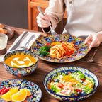 Juego de vajilla de estilo bohemio de 24 piezas, patrón de doble cara, juego de porcelana con platos, platos de postre, tazones para cereales, tazón para pasta, servicio para 6 personas