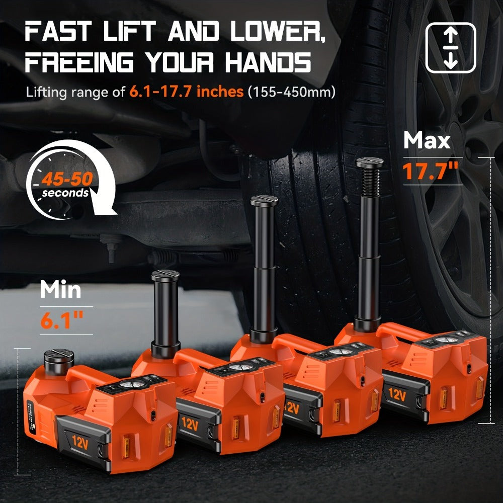 Gato hidráulico de alta resistencia 12V 5T con bomba de inflado de neumáticos y luz LED | Sistema de elevación automotriz (15.5-45Cm de elevación) para cambio de neumáticos de coche, SUV, camión | Herramienta de reparación de garaje
